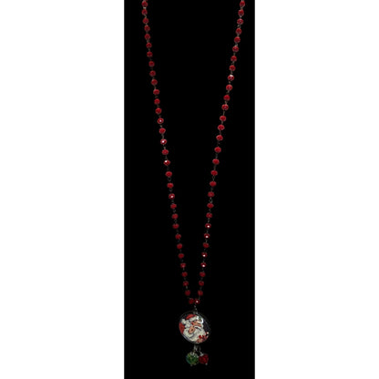 Vintage Kitsch Christmas Santa Red Glass Beaded Reversible Pendant Necklace