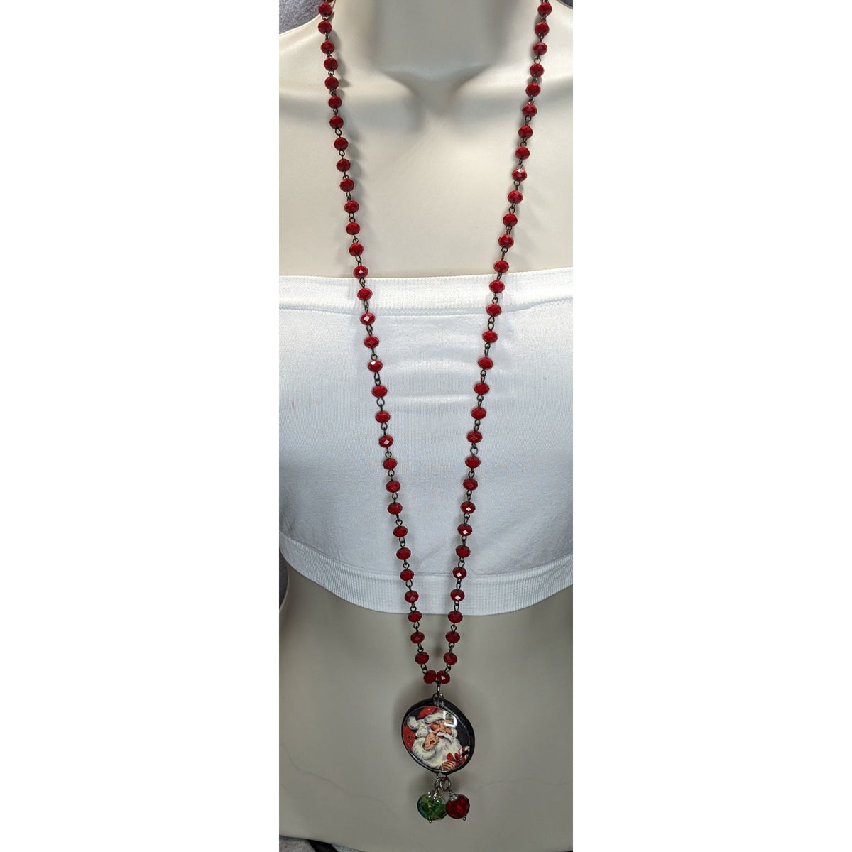 Vintage Kitsch Christmas Santa Red Glass Beaded Reversible Pendant Necklace