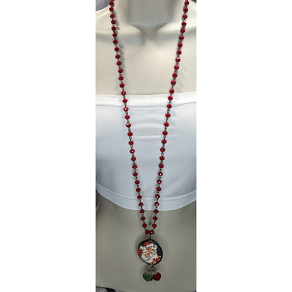 Vintage Kitsch Christmas Santa Red Glass Beaded Reversible Pendant Necklace