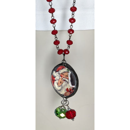 Vintage Kitsch Christmas Santa Red Glass Beaded Reversible Pendant Necklace