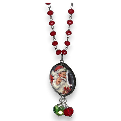 Vintage Kitsch Christmas Santa Red Glass Beaded Reversible Pendant Necklace