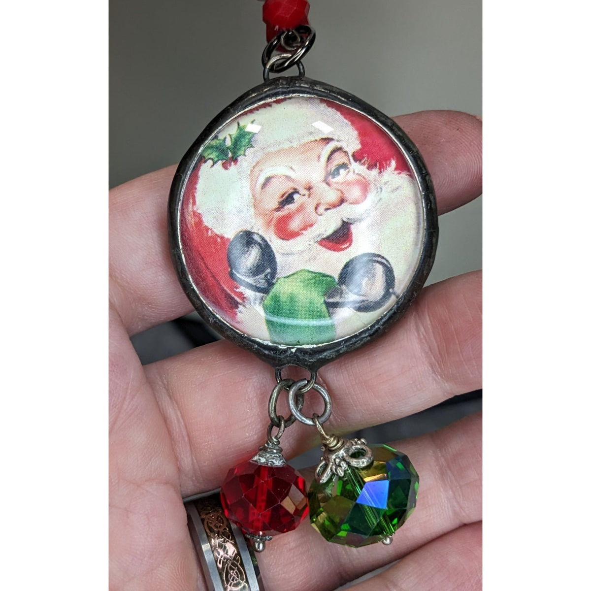 Vintage Kitsch Christmas Santa Red Glass Beaded Reversible Pendant Necklace