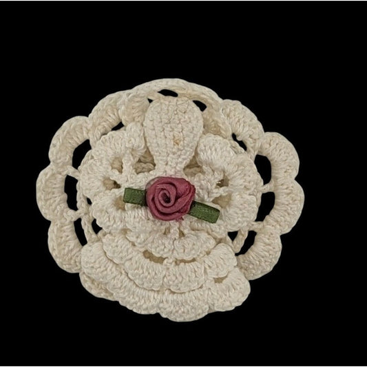 Vintage Handmade Crochet Angel Brooch With Ribbon Rose Accent