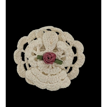 Vintage Handmade Crochet Angel Brooch With Ribbon Rose Accent