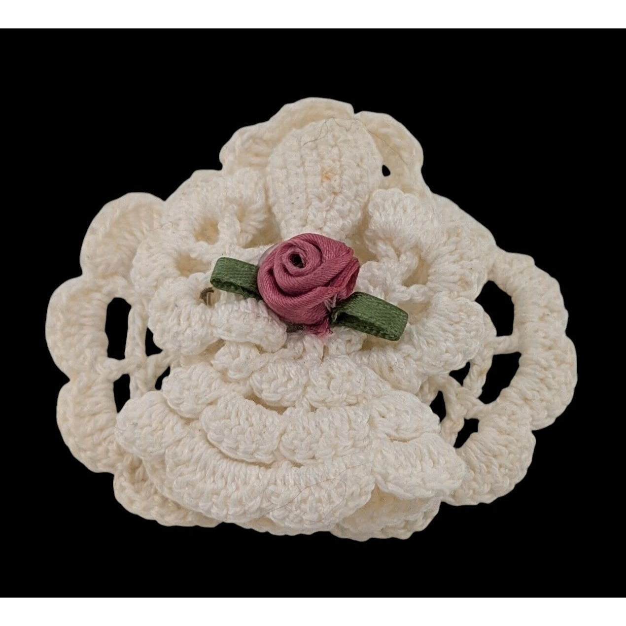 Vintage Handmade Crochet Angel Brooch With Ribbon Rose Accent