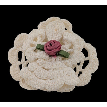 Vintage Handmade Crochet Angel Brooch With Ribbon Rose Accent