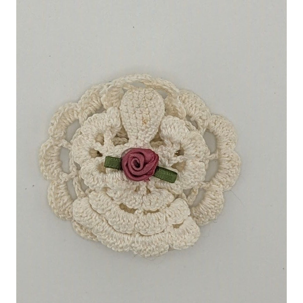 Vintage Handmade Crochet Angel Brooch With Ribbon Rose Accent
