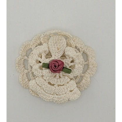 Vintage Handmade Crochet Angel Brooch With Ribbon Rose Accent