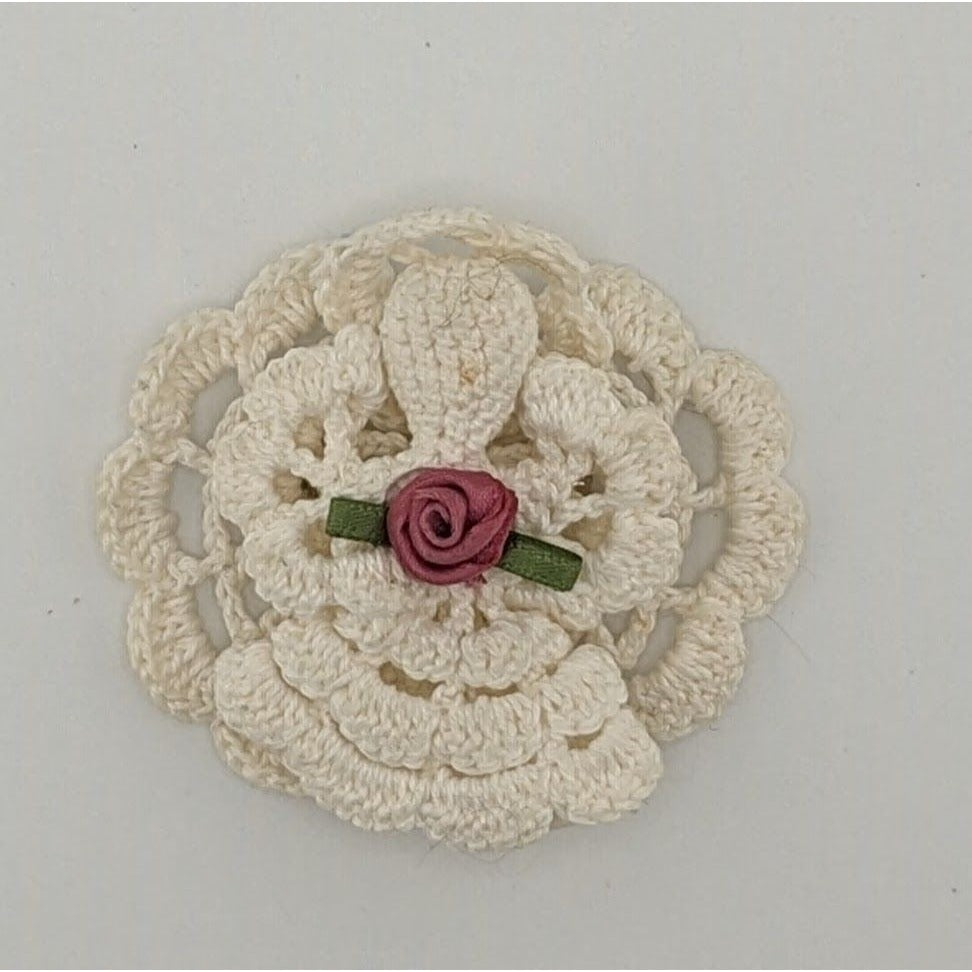 Vintage Handmade Crochet Angel Brooch With Ribbon Rose Accent
