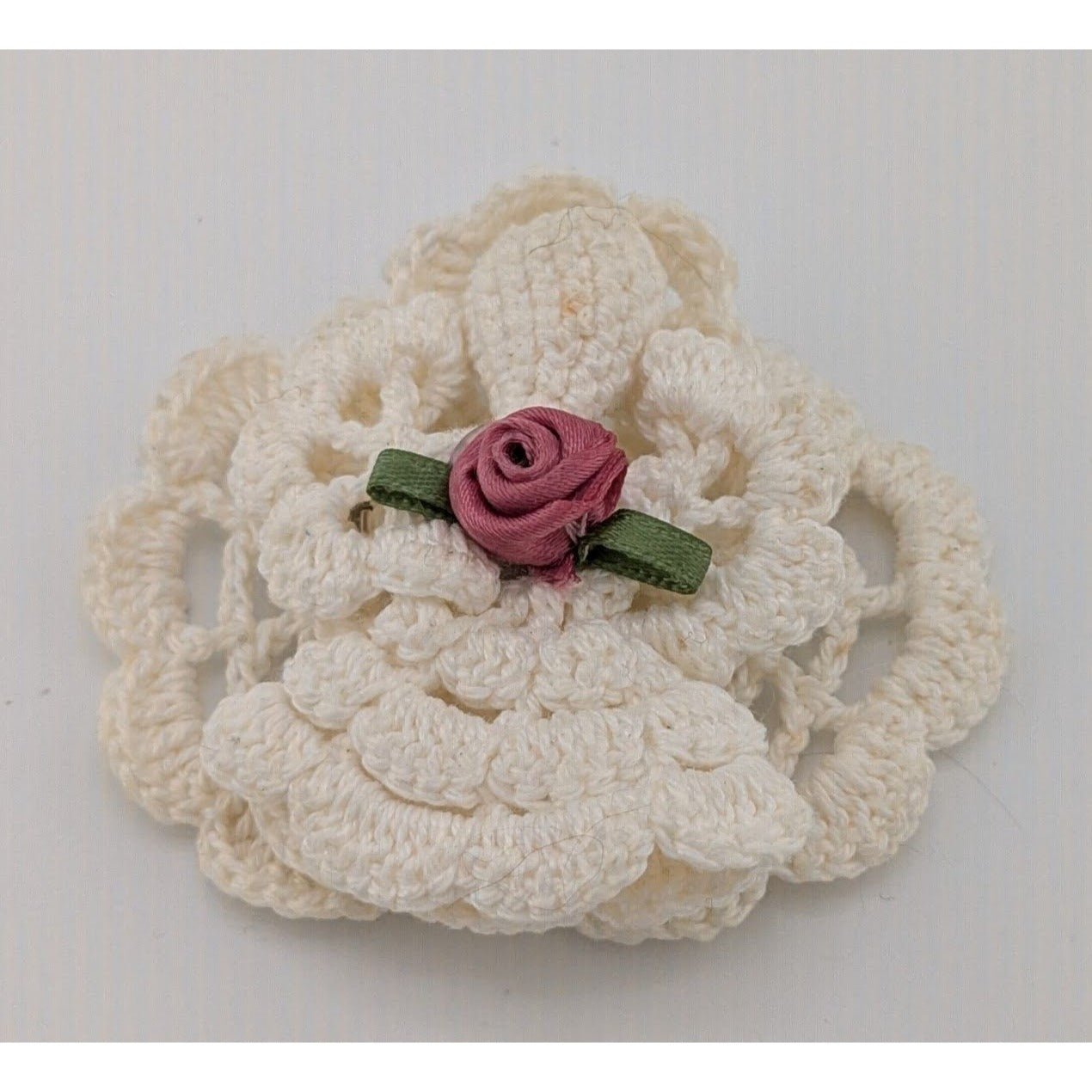 Vintage Handmade Crochet Angel Brooch With Ribbon Rose Accent