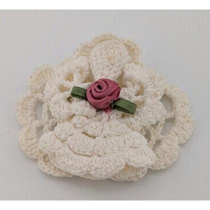 Vintage Handmade Crochet Angel Brooch With Ribbon Rose Accent