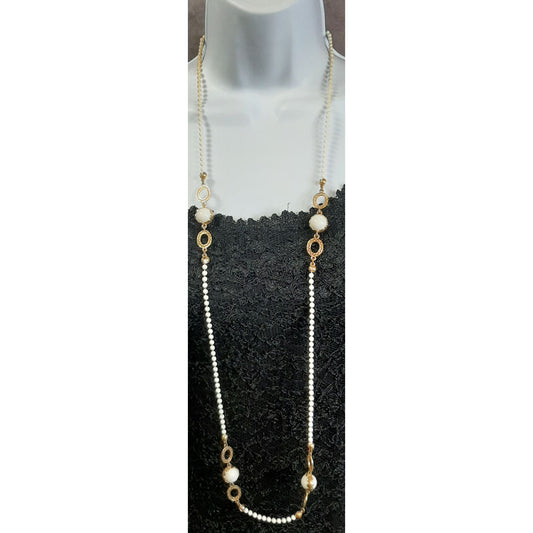 Vintage White And Gold Tone Beaded Necklace With Filigree Accents