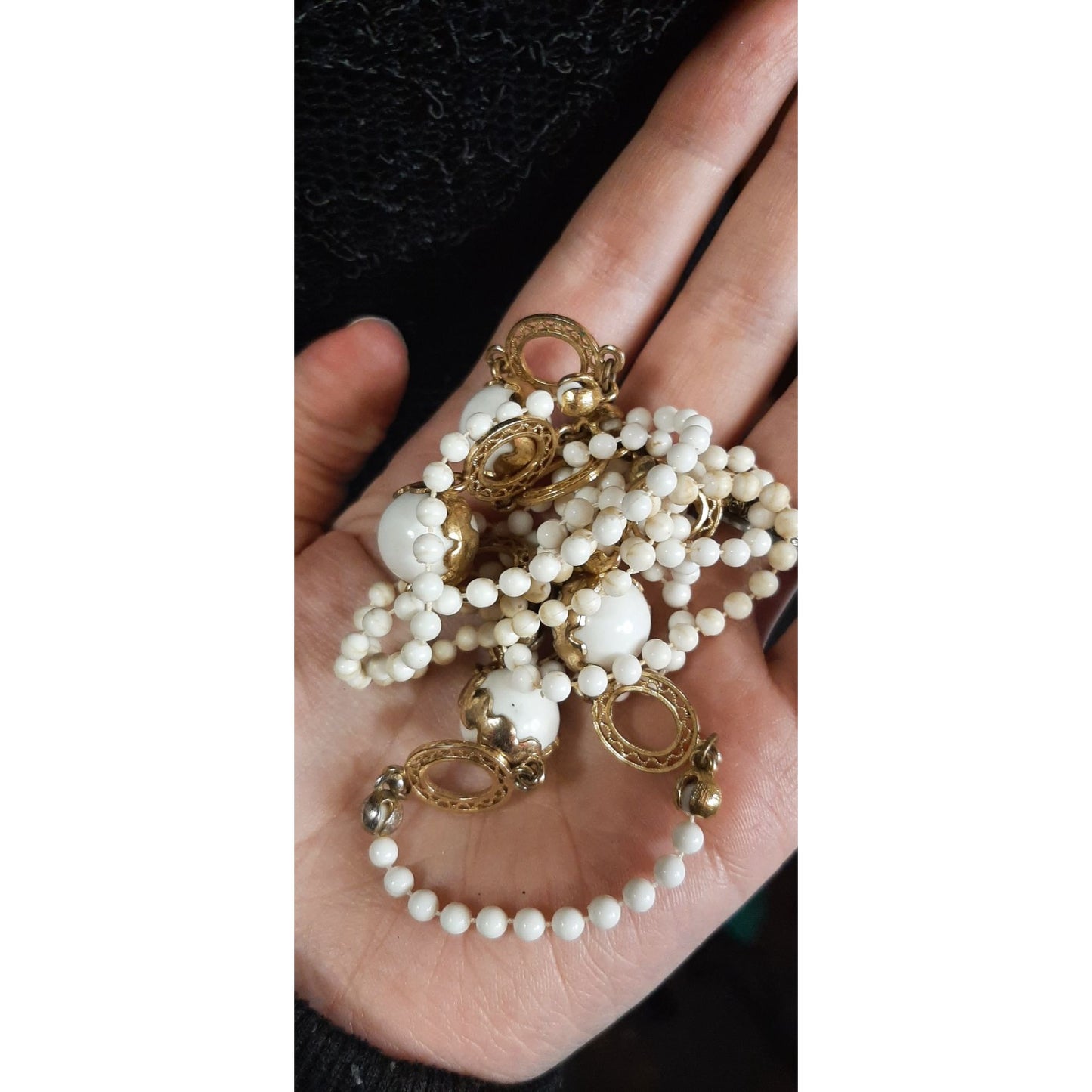 Vintage White And Gold Tone Beaded Necklace With Filigree Accents