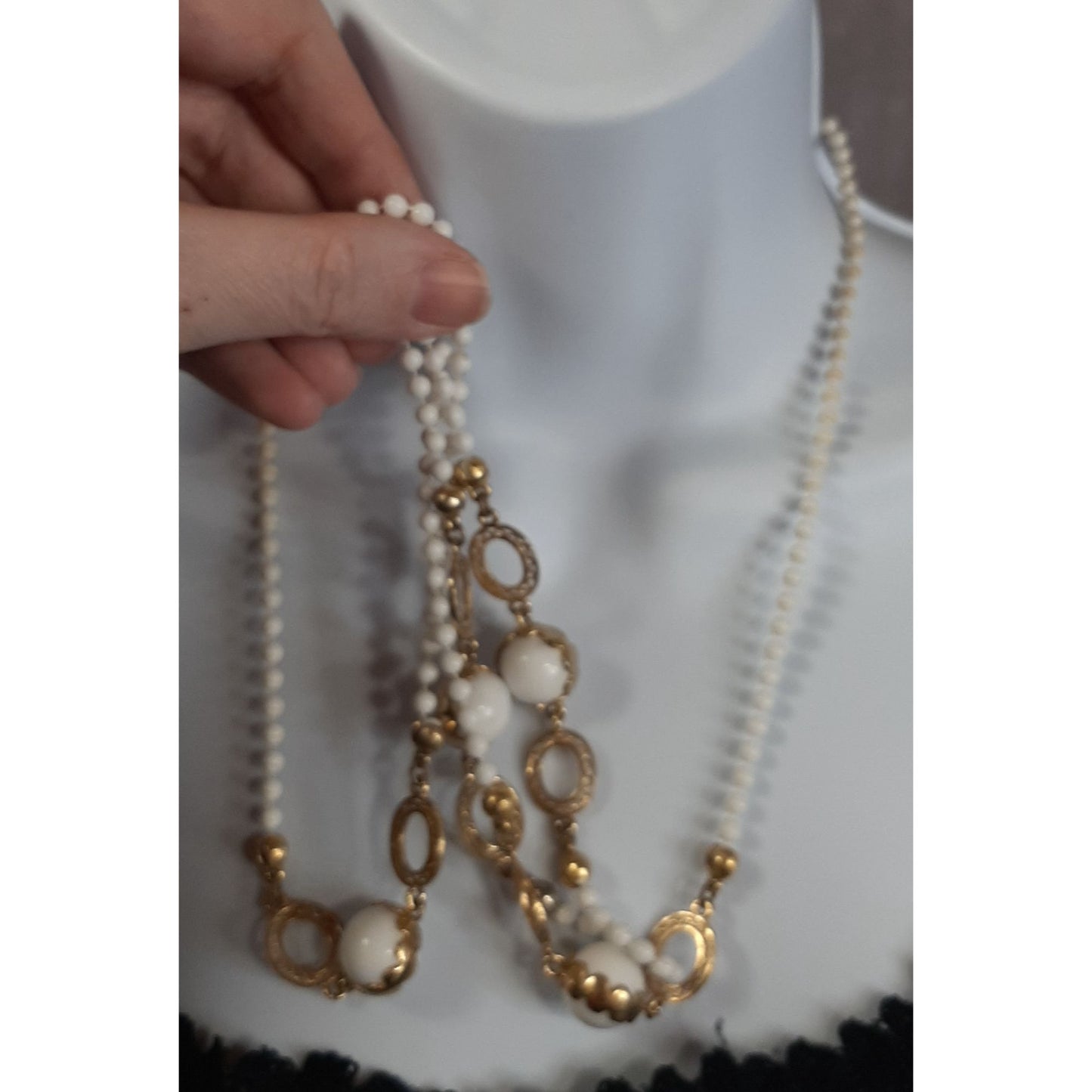 Vintage White And Gold Tone Beaded Necklace With Filigree Accents