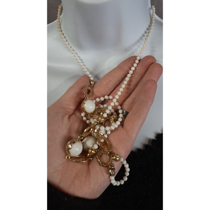 Vintage White And Gold Tone Beaded Necklace With Filigree Accents