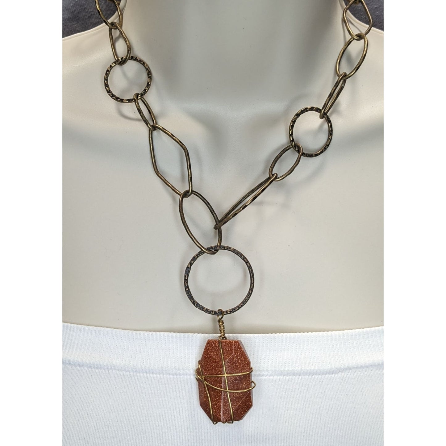 Handmade Goldstone Pendant Necklace With Hammered Brass Chain & Wire Wrap