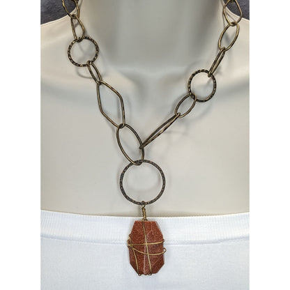 Handmade Goldstone Pendant Necklace With Hammered Brass Chain & Wire Wrap