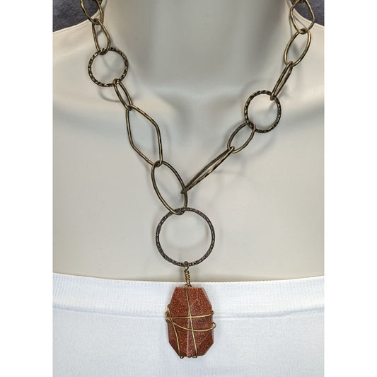 Handmade Goldstone Pendant Necklace With Hammered Brass Chain & Wire Wrap