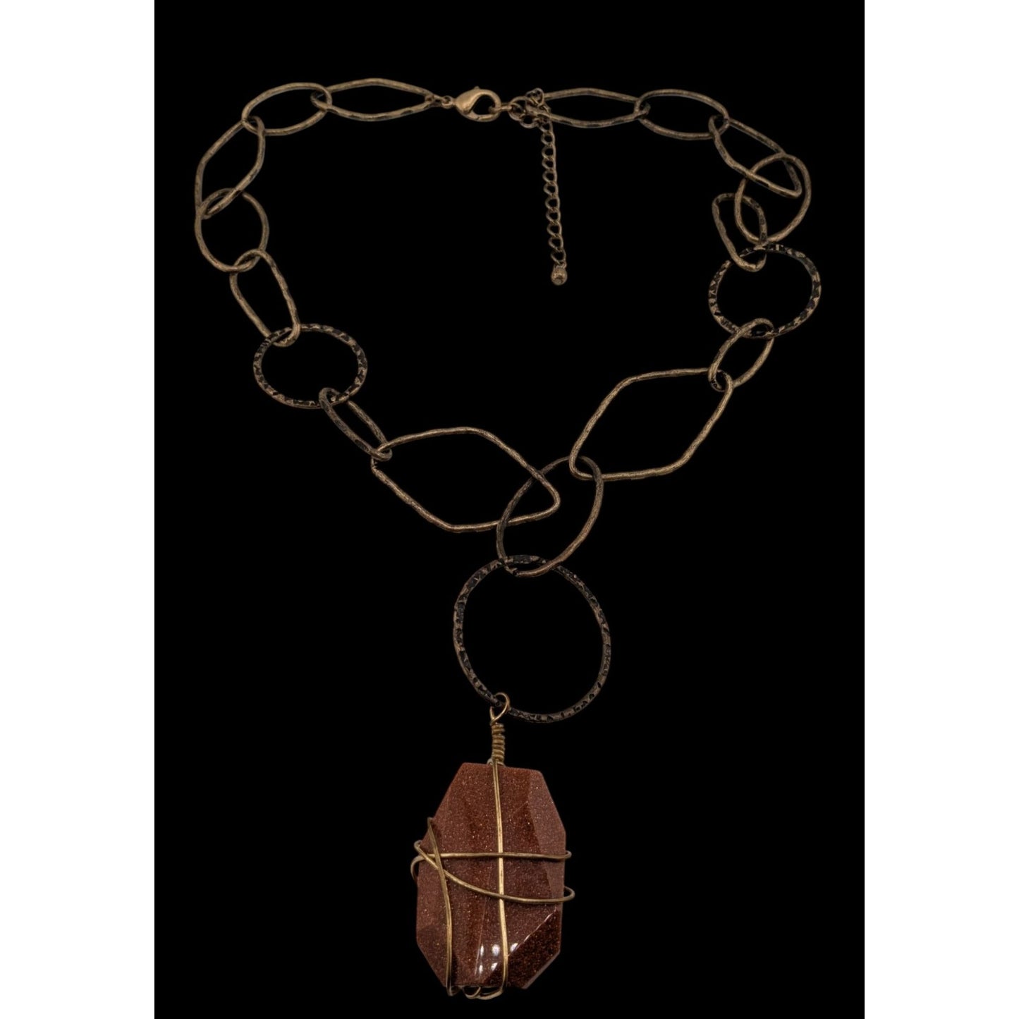 Handmade Goldstone Pendant Necklace With Hammered Brass Chain & Wire Wrap