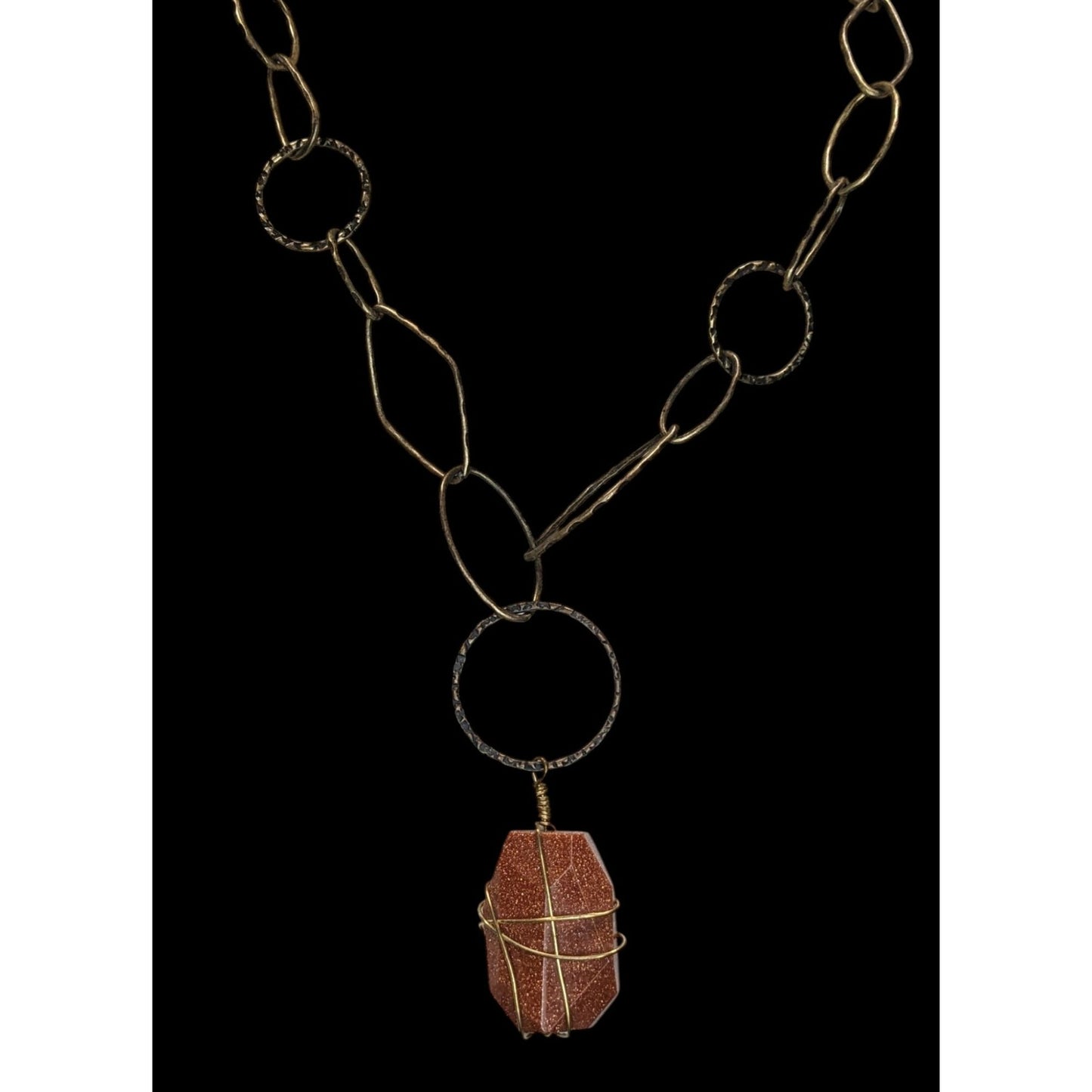 Handmade Goldstone Pendant Necklace With Hammered Brass Chain & Wire Wrap