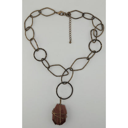 Handmade Goldstone Pendant Necklace With Hammered Brass Chain & Wire Wrap