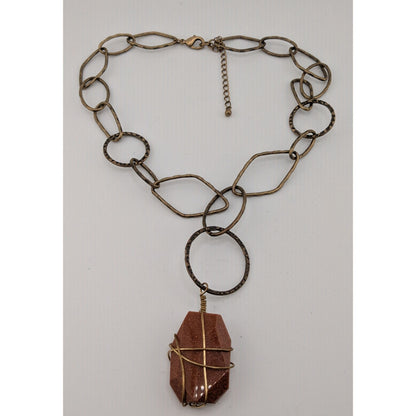 Handmade Goldstone Pendant Necklace With Hammered Brass Chain & Wire Wrap
