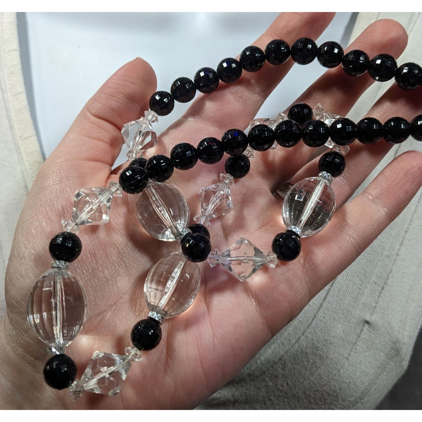 Retro Black And Clear Faceted Beaded Necklace
