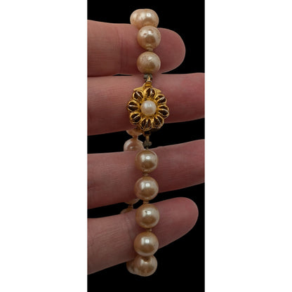 Vintage Japan Faux Pearl Bracelet Floral Box Clasp Gold Cream Elegance