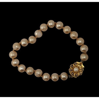 Vintage Japan Faux Pearl Bracelet Floral Box Clasp Gold Cream Elegance