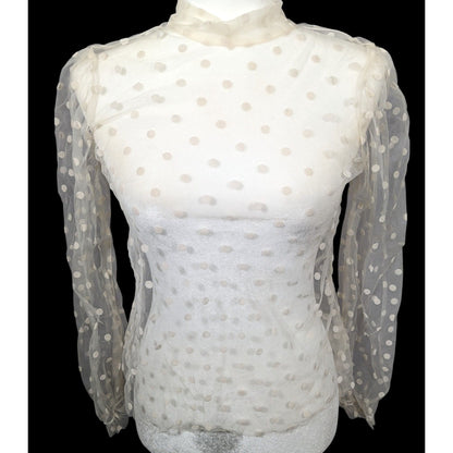 Preppy Banana Republic Sheer Cream Polka Dot Tie Neck Top[