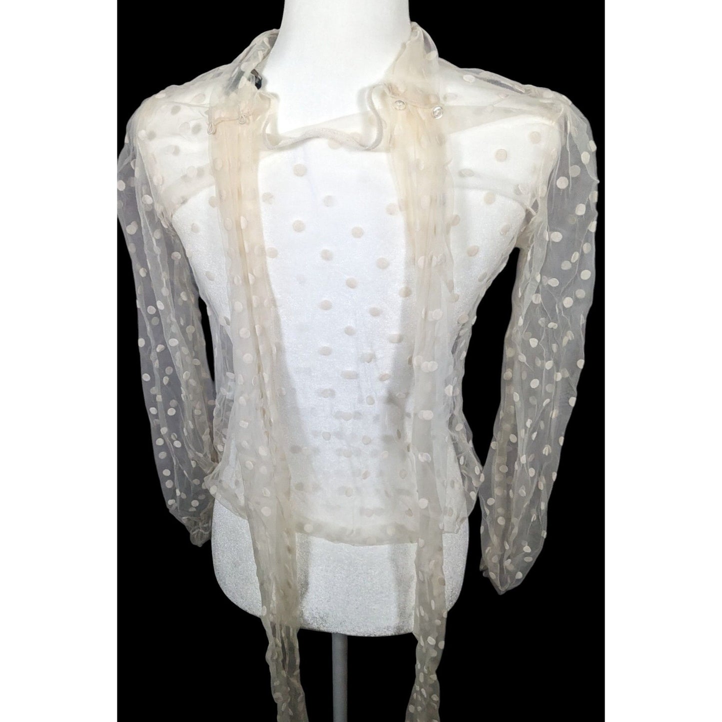 Preppy Banana Republic Sheer Cream Polka Dot Tie Neck Top[