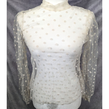 Preppy Banana Republic Sheer Cream Polka Dot Tie Neck Top[