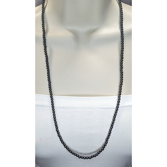 Hematite Beaded Necklace Long 27 Inches Polished Gemstone Jewelry
