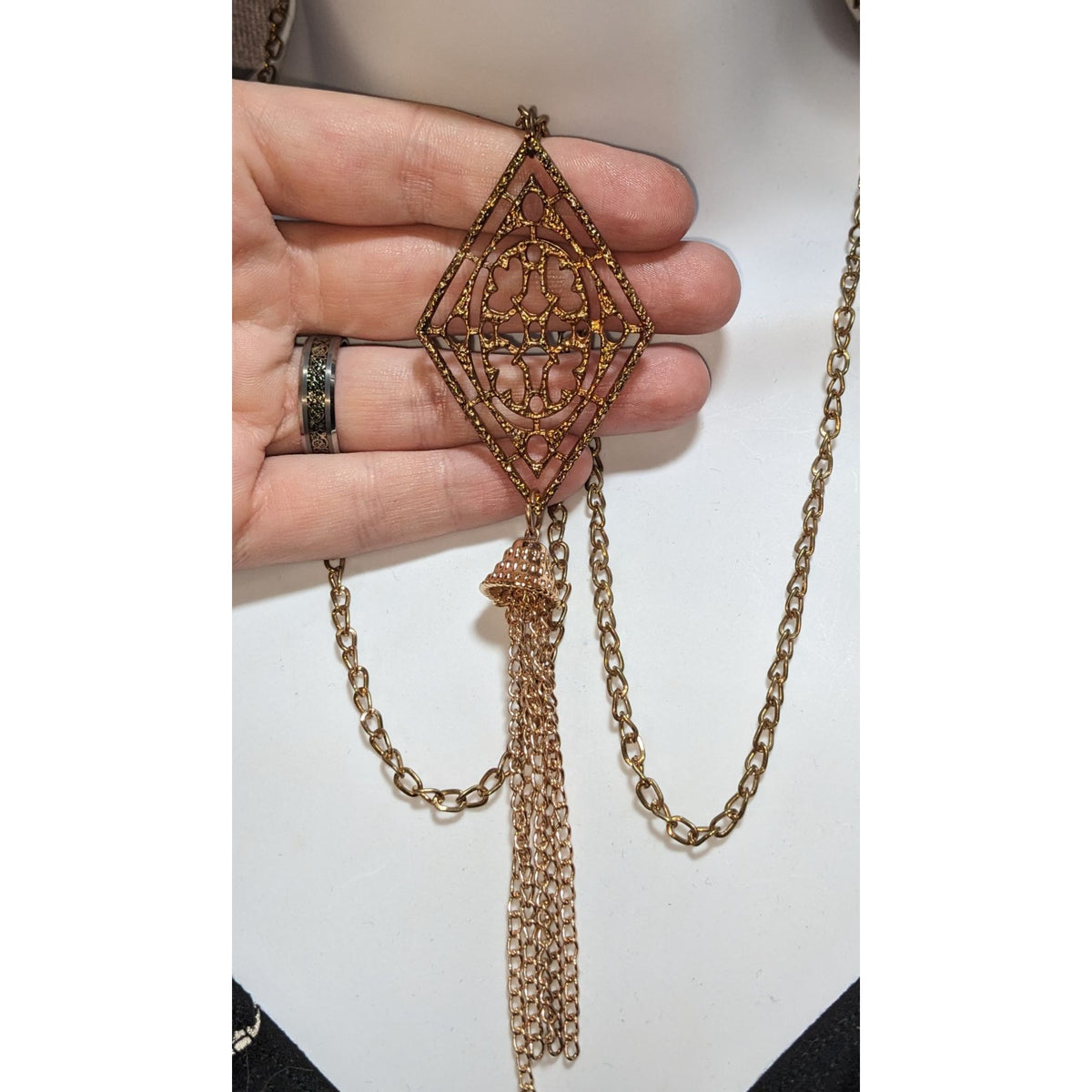 Boho Moroccan Filigree Gold Tone Tassel Long Statement Necklace