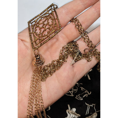 Boho Moroccan Filigree Gold Tone Tassel Long Statement Necklace
