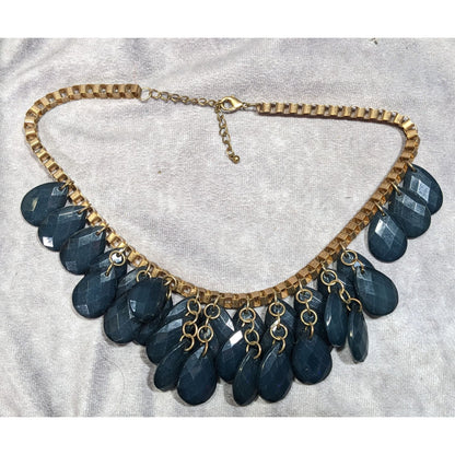 Y2K Glam Navy And Gold Tone Teardrop Fringe Necklace