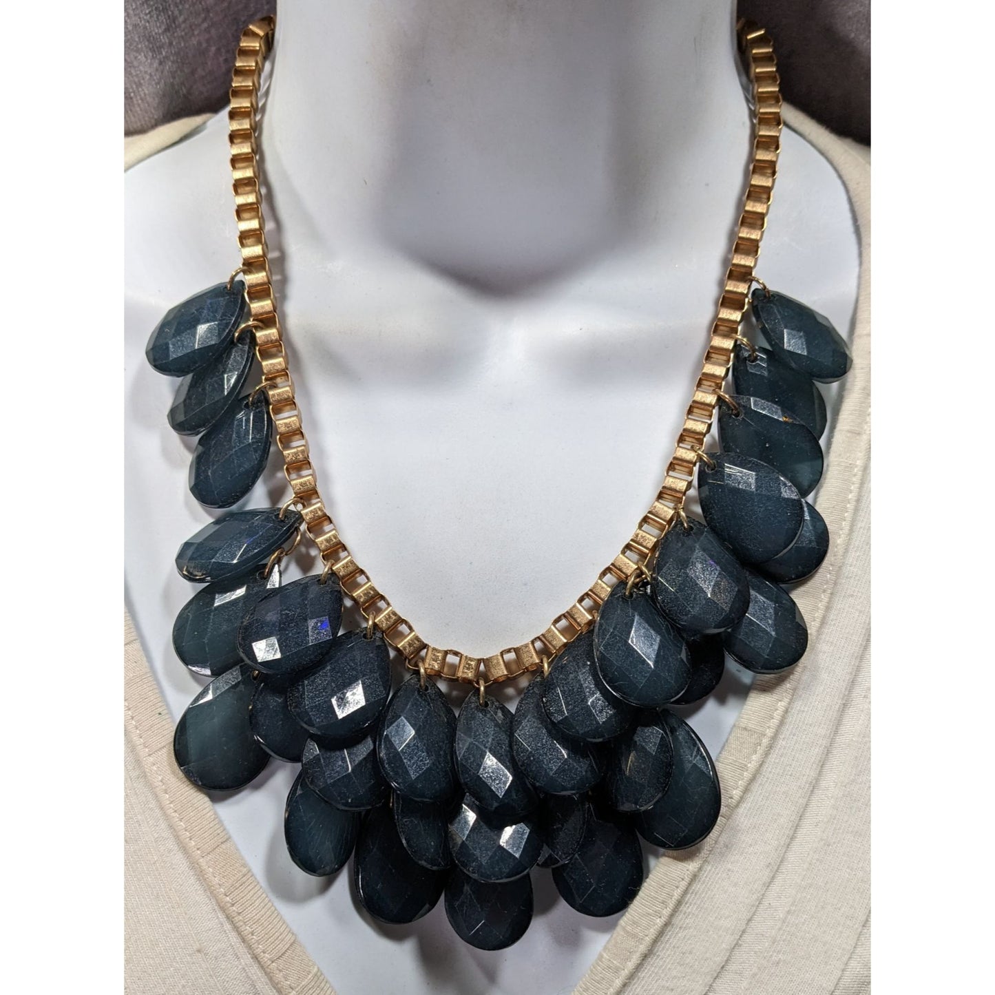Y2K Glam Navy And Gold Tone Teardrop Fringe Necklace