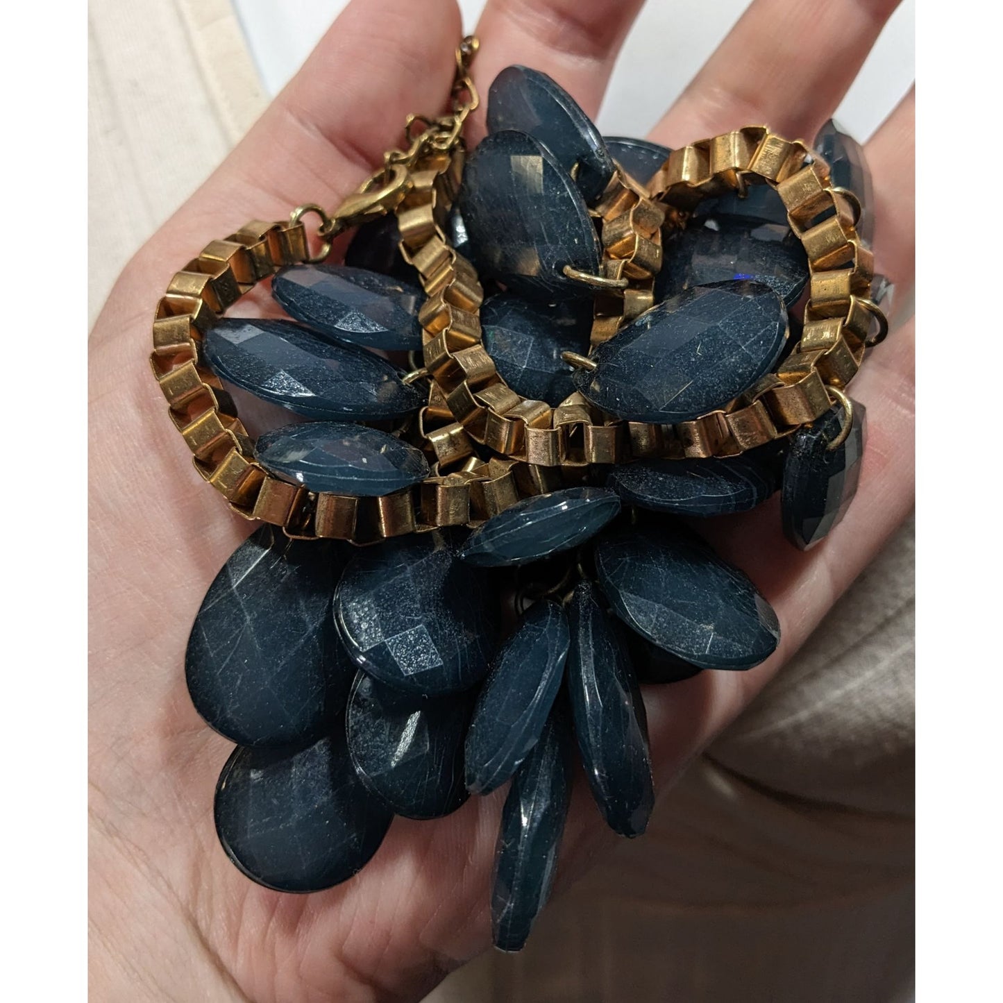 Y2K Glam Navy And Gold Tone Teardrop Fringe Necklace