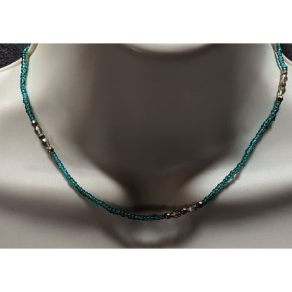 Handmade Blue Glass Beaded Necklace With Gold Tone Accents