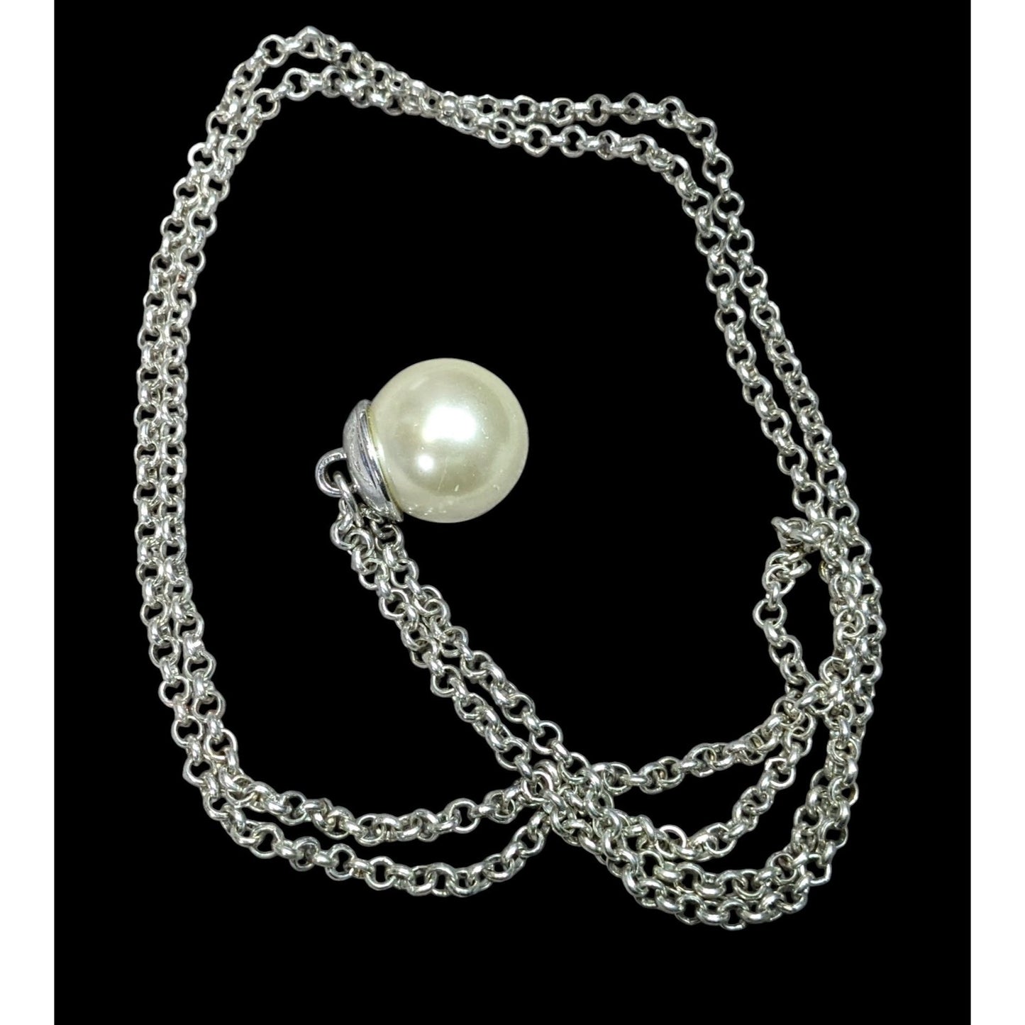 Faux Pearl Ball Pendant On Silver-Tone Long Chain