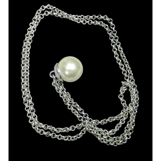 Faux Pearl Ball Pendant On Silver-Tone Long Chain