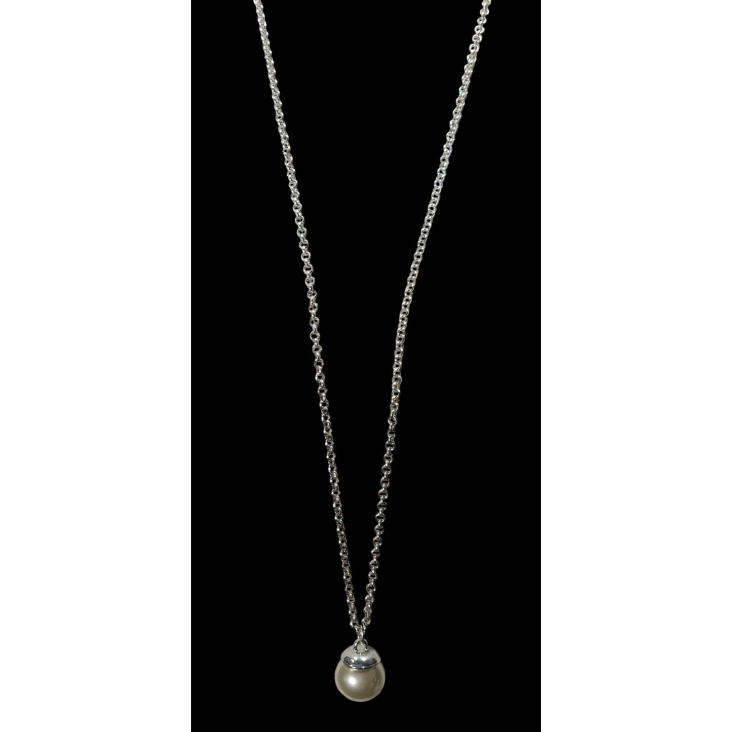 Faux Pearl Ball Pendant On Silver-Tone Long Chain