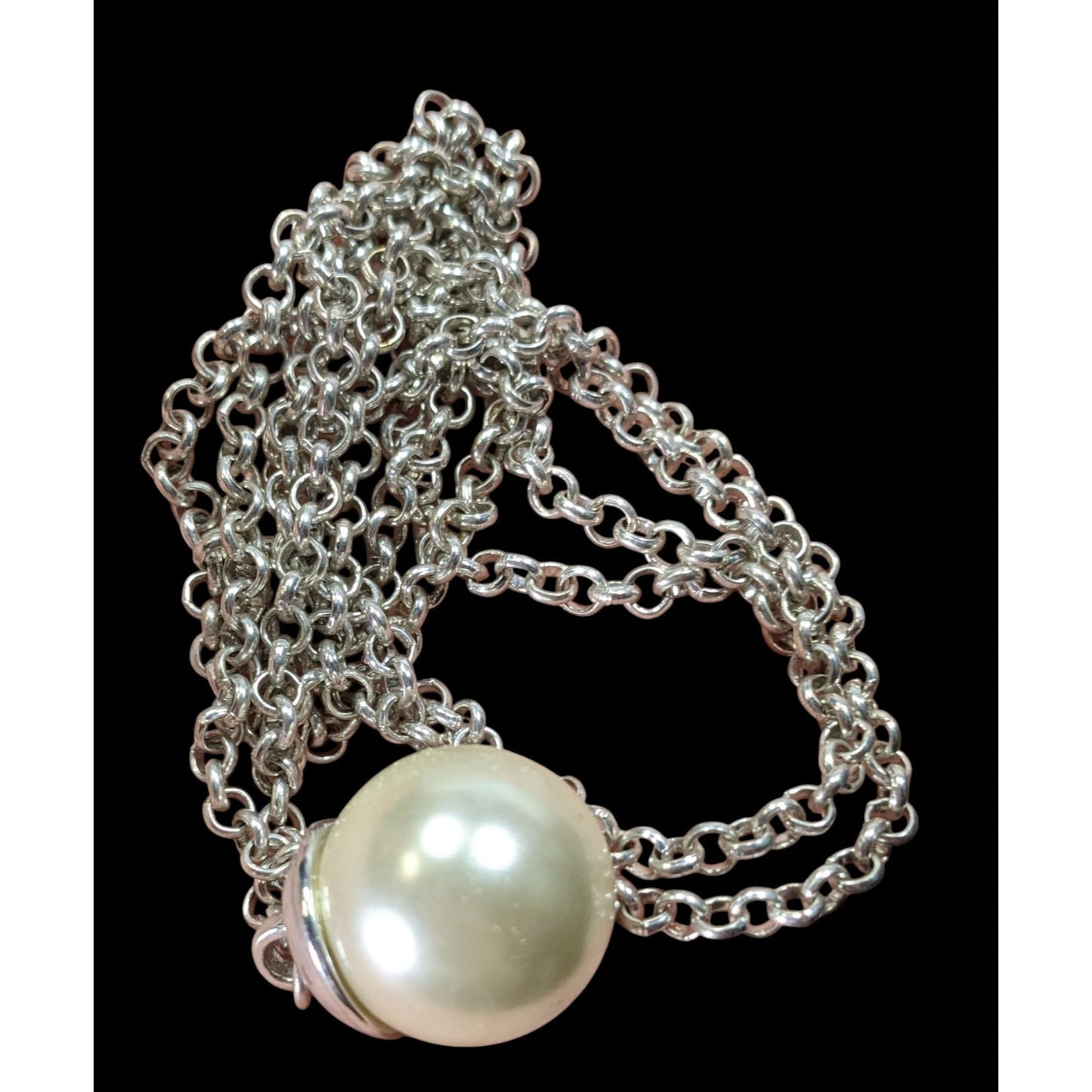 Faux Pearl Ball Pendant On Silver-Tone Long Chain