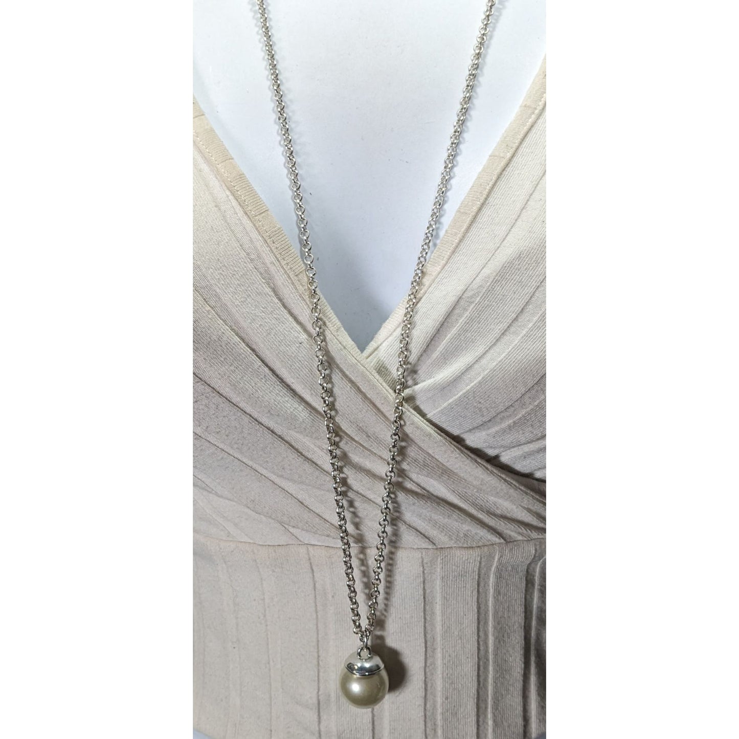 Faux Pearl Ball Pendant On Silver-Tone Long Chain