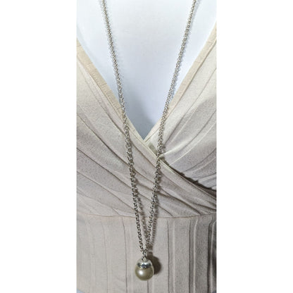 Faux Pearl Ball Pendant On Silver-Tone Long Chain