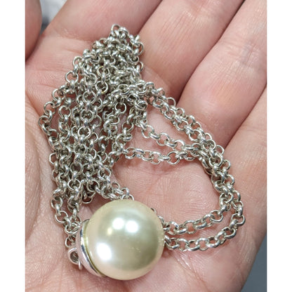 Faux Pearl Ball Pendant On Silver-Tone Long Chain