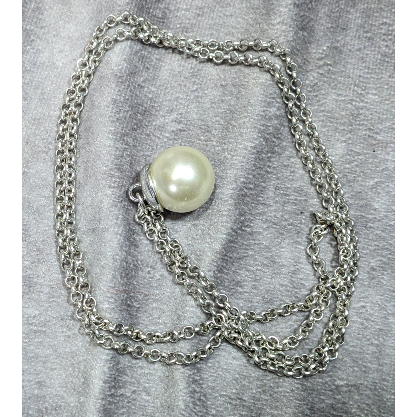 Faux Pearl Ball Pendant On Silver-Tone Long Chain