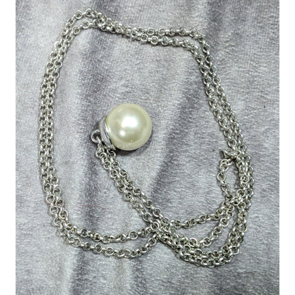 Faux Pearl Ball Pendant On Silver-Tone Long Chain