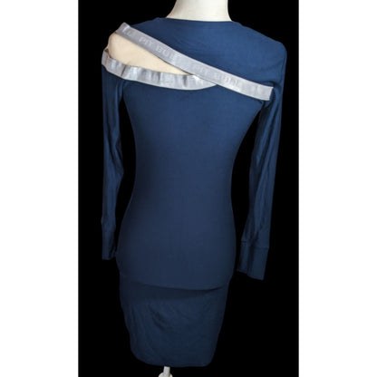 Pitbull Jeans Sporty Blue And Silver Bodycon Dress With Mesh Shoulder Cutout