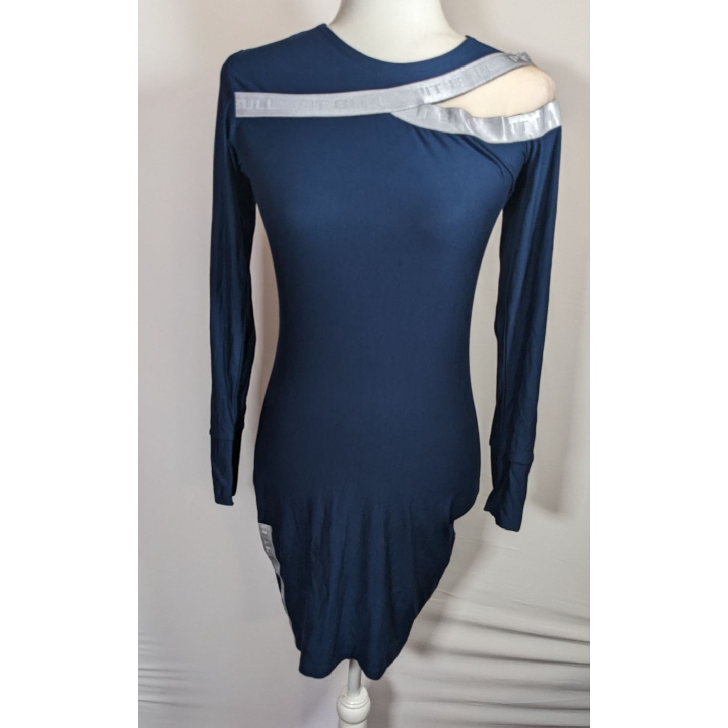 Pitbull Jeans Sporty Blue And Silver Bodycon Dress With Mesh Shoulder Cutout